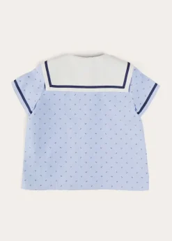 Tops & Shirts | Shirts | Pepa London Lyall Stripe Anchor Motif Mariner Collar Short Sleeve Shirt in Blue (12mths-6yrs)