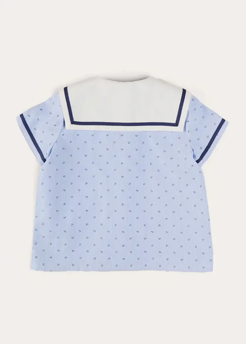 Tops & Shirts | Shirts | Pepa London Lyall Stripe Anchor Motif Mariner Collar Short Sleeve Shirt in Blue (12mths-6yrs)