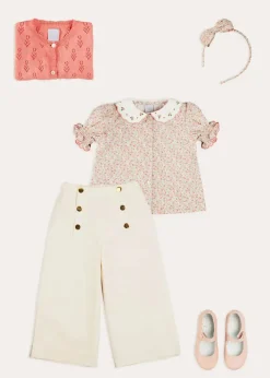 Lookbooks | Pepa London Mabel Floral Embroidered Short Sleeve Blouse in Coral (18mths-10yrs) | Wide Leg Front Button Trousers in Beige (2-10yrs) | Floral Openwork Cotton Cardigan in Pink (2-10yrs) | Openwork short socks - Dusty Pink (0mths-10yrs) | Leather Mary Jane Shoes in Pink (24-34EU) | Mabel Floral Hairband in Coral