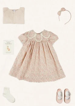 Lookbooks | Pepa London Mabel Floral Statement Collar Short Sleeve Dress in Coral (12mths-10yrs) | Plain Cardigan in Cream (6mths-10yrs) | Mary Jane Baby Shoes in Pink (20-26EU) | Mabel Floral Hairband in Coral | Openwork short socks White (0mths-8yrs)