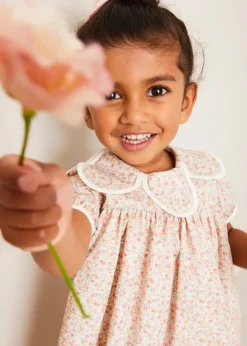 Lookbooks | Pepa London Mabel Floral Statement Collar Short Sleeve Dress in Coral (12mths-10yrs) | Plain Cardigan in Cream (6mths-10yrs) | Mary Jane Baby Shoes in Pink (20-26EU) | Mabel Floral Hairband in Coral | Openwork short socks White (0mths-8yrs)