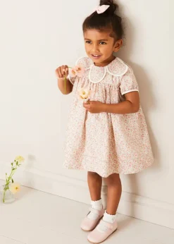 Lookbooks | Pepa London Mabel Floral Statement Collar Short Sleeve Dress in Coral (12mths-10yrs) | Plain Cardigan in Cream (6mths-10yrs) | Mary Jane Baby Shoes in Pink (20-26EU) | Mabel Floral Hairband in Coral | Openwork short socks White (0mths-8yrs)
