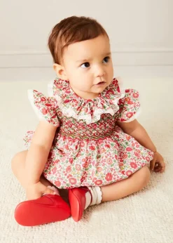 Lookbooks | Pepa London Margot Floral Romper in Red Made with Liberty Fabric (6m-2yrs) | Openwork Cotton Cardigan in Cream (6mths-10yrs) | Openwork Cotton Knitted Bonnet in Cream (S-L) | Leather Mary Jane Pram Shoes in Red (17-20EU) | Margot Dummy Clip in Red Made with Liberty Fabric | Openwork short socks White (0mths-8yrs) | BIBS Dummy in Pink