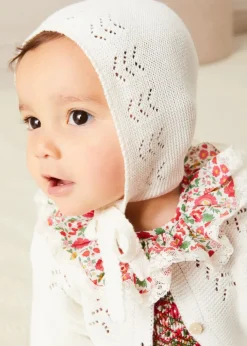 Lookbooks | Pepa London Margot Floral Romper in Red Made with Liberty Fabric (6m-2yrs) | Openwork Cotton Cardigan in Cream (6mths-10yrs) | Openwork Cotton Knitted Bonnet in Cream (S-L) | Leather Mary Jane Pram Shoes in Red (17-20EU) | Margot Dummy Clip in Red Made with Liberty Fabric | Openwork short socks White (0mths-8yrs) | BIBS Dummy in Pink
