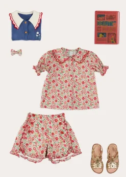 Lookbooks | Pepa London Margot Floral Short Sleeve Blouse in Red Made with Liberty Fabric (18m-12yrs) | Margot Floral Shorts in Red Made with Liberty Fabric (18m-12yrs) | Statement Collar Floral Embroidery Cardigan in Navy (2-10yrs) | Metallic Strappy Leather Sandals in Gold (24-35EU) | Margot Floral Small Bow Clip in Red Made with Liberty Fabric | The Beauty & The Beast Book