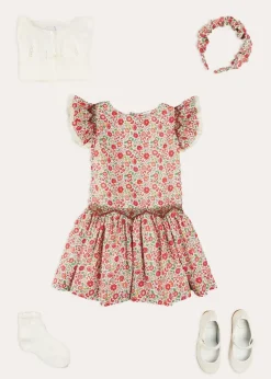 Lookbooks | Pepa London Margot Floral Sleeveless Hand-Smocked Dress in Red Made with Liberty Fabric (4-12yrs) | Openwork Cotton Cardigan in Cream (6mths-10yrs) | Girls Ivory Leather Mary Jane Shoes (20-34EU) | Margot Liberty Floral Scrunchie Hairband in Red | Openwork short socks White (0mths-8yrs)