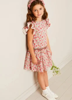 Lookbooks | Pepa London Margot Floral Sleeveless Hand-Smocked Dress in Red Made with Liberty Fabric (4-12yrs) | Openwork Cotton Cardigan in Cream (6mths-10yrs) | Girls Ivory Leather Mary Jane Shoes (20-34EU) | Margot Liberty Floral Scrunchie Hairband in Red | Openwork short socks White (0mths-8yrs)