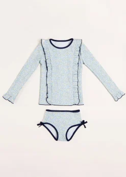 Swimwear | Swimwear | Pepa London Matilda Floral Print Ruffle Trim Long Sleeve Swim Set in Blue (12mths-6yrs)