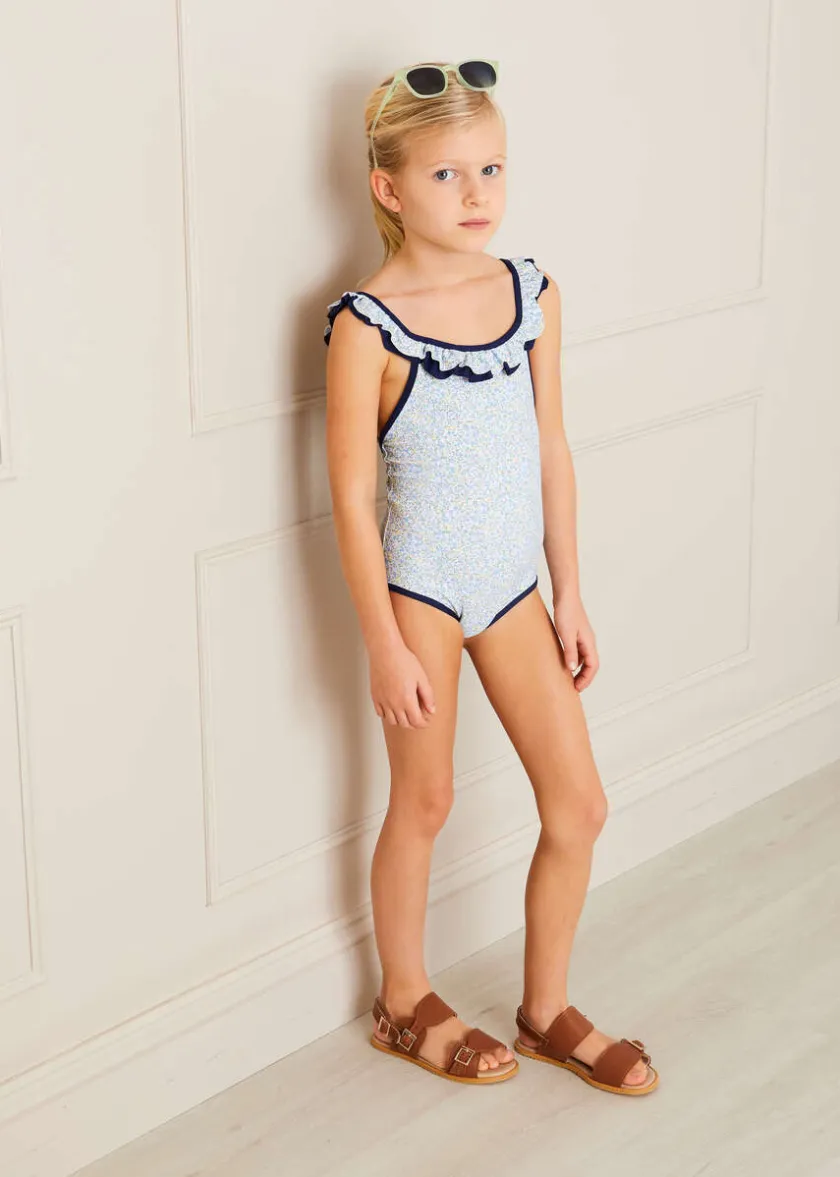 Swimwear | Swimwear | Pepa London Matilda Floral Print Ruffle Trim Swimsuit in Blue (2-8yrs)