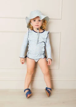 Swimwear | Swimwear | Pepa London Matilda Floral Print Ruffle Trim Long Sleeve Swim Set in Blue (12mths-6yrs)