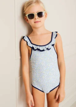 Swimwear | Swimwear | Pepa London Matilda Floral Print Ruffle Trim Swimsuit in Blue (2-8yrs)
