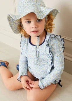 Swimwear | Swimwear | Pepa London Matilda Floral Print Ruffle Trim Long Sleeve Swim Set in Blue (12mths-6yrs)