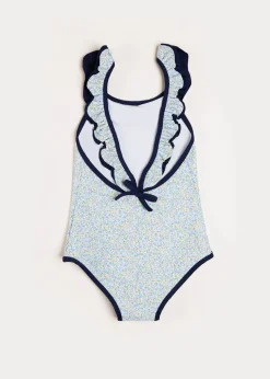 Swimwear | Swimwear | Pepa London Matilda Floral Print Ruffle Trim Swimsuit in Blue (2-8yrs)