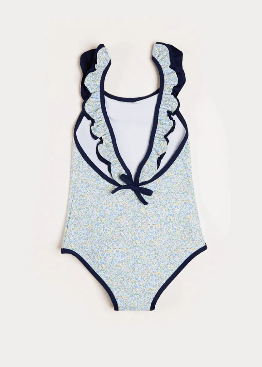 Swimwear | Swimwear | Pepa London Matilda Floral Print Ruffle Trim Swimsuit in Blue (2-8yrs)