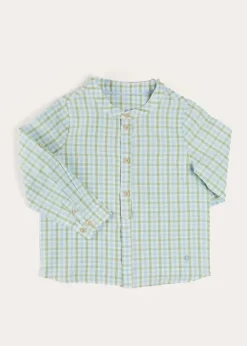 Tops & Shirts | Pepa London Maxwell Gingham Mao Collar Long Sleeve Shirt in Green (3-10yrs)