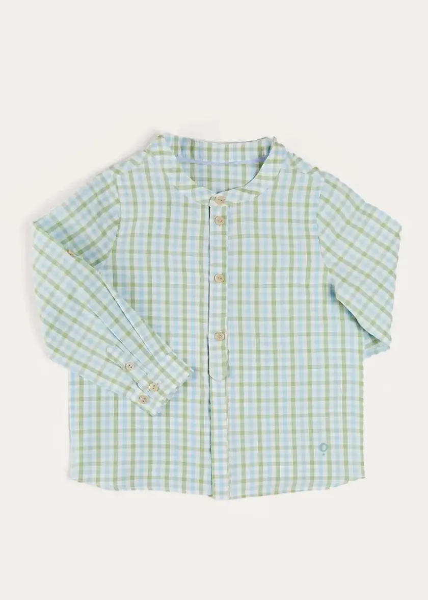 Tops & Shirts | Pepa London Maxwell Gingham Mao Collar Long Sleeve Shirt in Green (3-10yrs)