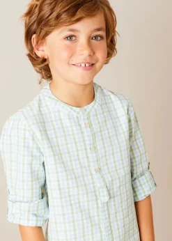 Tops & Shirts | Pepa London Maxwell Gingham Mao Collar Long Sleeve Shirt in Green (3-10yrs)
