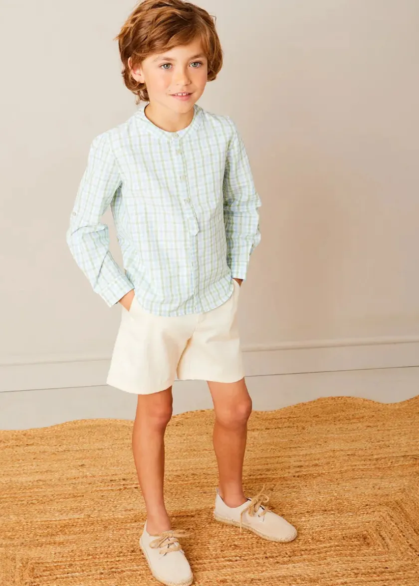 Tops & Shirts | Pepa London Maxwell Gingham Mao Collar Long Sleeve Shirt in Green (3-10yrs)