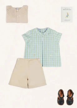Lookbooks | Pepa London Maxwell Gingham Peter Pan Collar Short Sleeve Shirt in Green (18mths-5yrs) | Faux Pocket Elasticated Waist Shorts in Ivory (12mths-4yrs) | Plain Cardigan in Cream (6mths-10yrs) | Leather Fishermans Sandals in Navy (21-27EU)