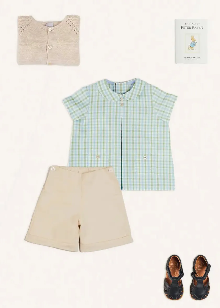 Lookbooks | Pepa London Maxwell Gingham Peter Pan Collar Short Sleeve Shirt in Green (18mths-5yrs) | Faux Pocket Elasticated Waist Shorts in Ivory (12mths-4yrs) | Plain Cardigan in Cream (6mths-10yrs) | Leather Fishermans Sandals in Navy (21-27EU)