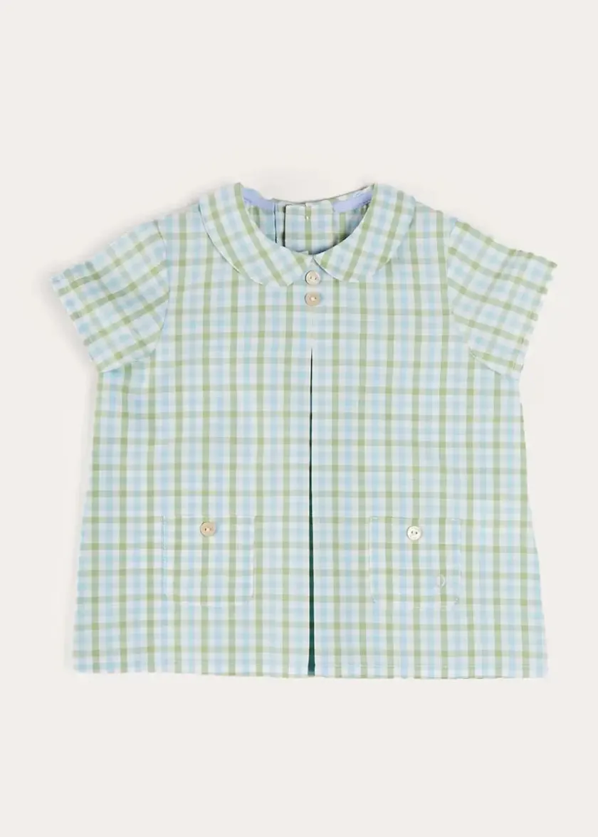 Tops & Shirts | Shirts | Pepa London Maxwell Gingham Peter Pan Collar Short Sleeve Shirt in Green (18mths-5yrs)