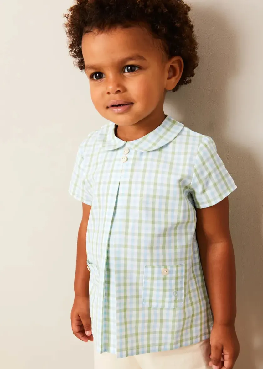 Tops & Shirts | Shirts | Pepa London Maxwell Gingham Peter Pan Collar Short Sleeve Shirt in Green (18mths-5yrs)