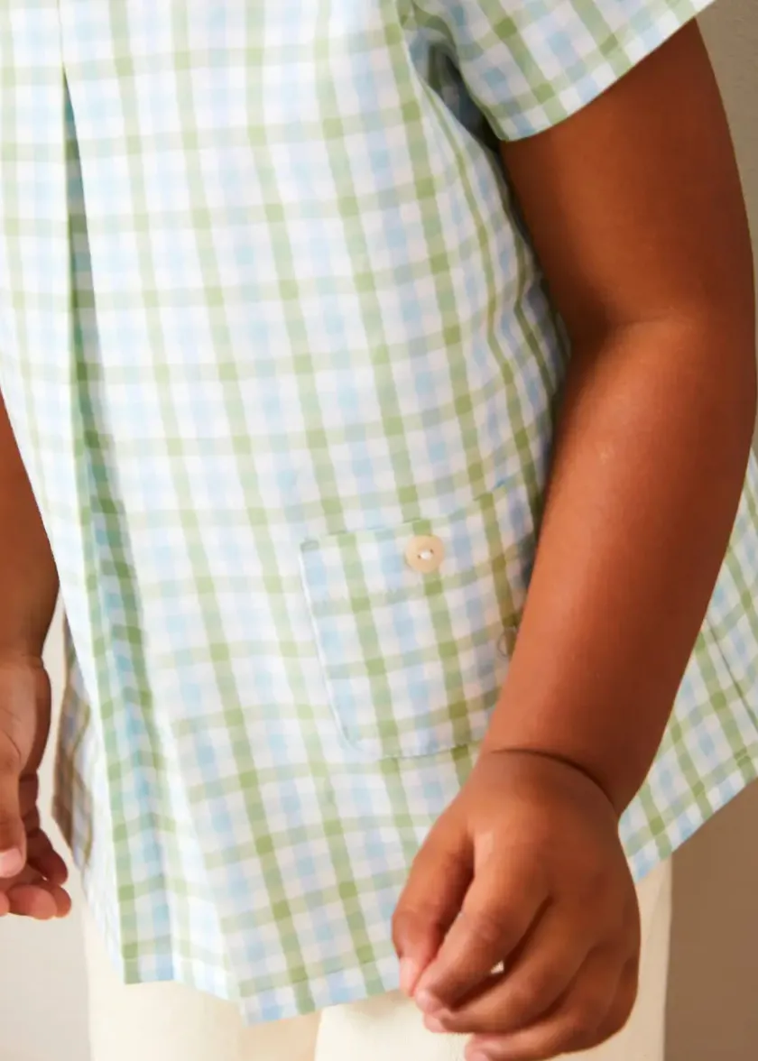 Tops & Shirts | Shirts | Pepa London Maxwell Gingham Peter Pan Collar Short Sleeve Shirt in Green (18mths-5yrs)