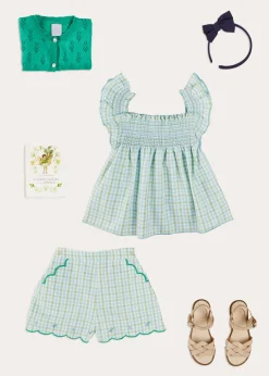 Lookbooks | Pepa London Maxwell Gingham Smock Detail Blouse in Green (5-10yrs) | Maxwell Gingham Scallop Trim Embroidered Shorts in Green (18mths-10yrs) | Floral Openwork Cotton Cardigan in Green (2-10yrs) | Leather Woven Detail Sandals in Beige (24-35EU) | Navy Linen Big Bow Hairband | Flower Fairies of the Spring Book in White