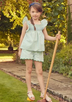 Lookbooks | Pepa London Maxwell Gingham Smock Detail Blouse in Green (5-10yrs) | Maxwell Gingham Scallop Trim Embroidered Shorts in Green (18mths-10yrs) | Floral Openwork Cotton Cardigan in Green (2-10yrs) | Leather Woven Detail Sandals in Beige (24-35EU) | Navy Linen Big Bow Hairband | Flower Fairies of the Spring Book in White