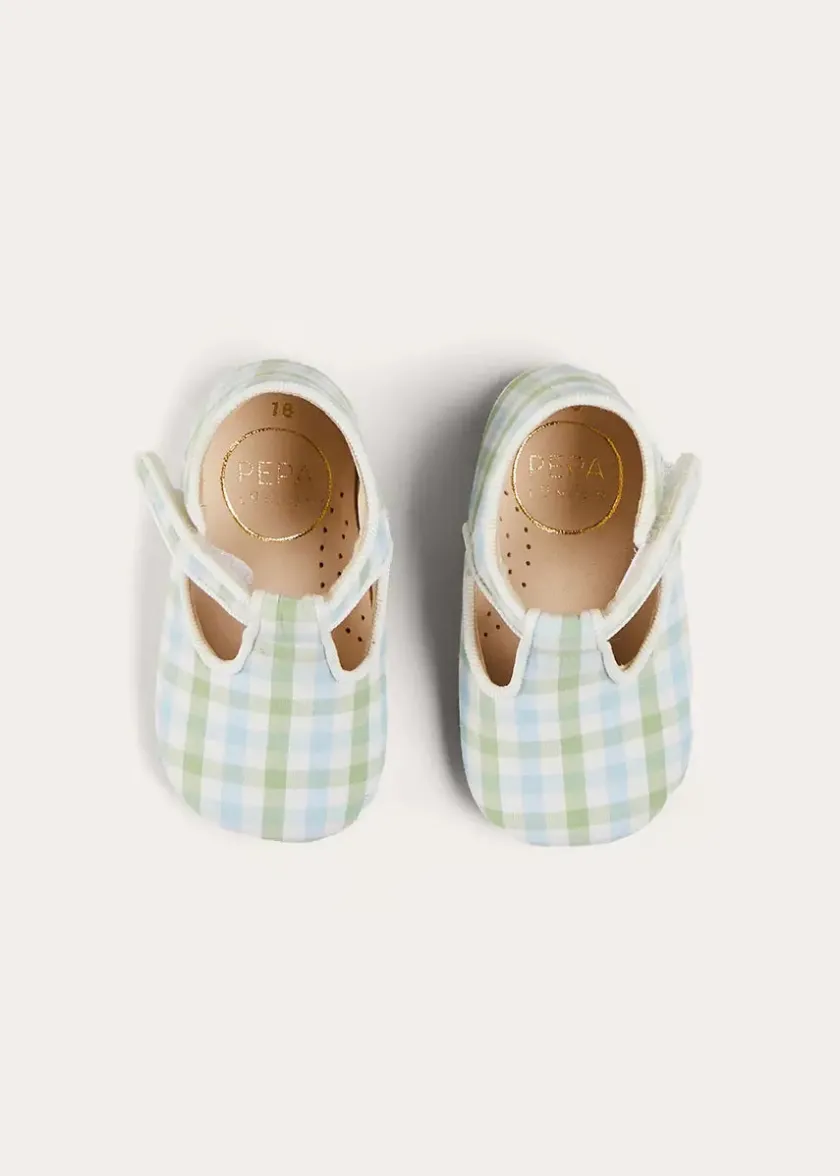 T-bars | T-bar Shoes | Pepa London Maxwell Gingham T-Bar Pram Shoes in Green (17-20EU)