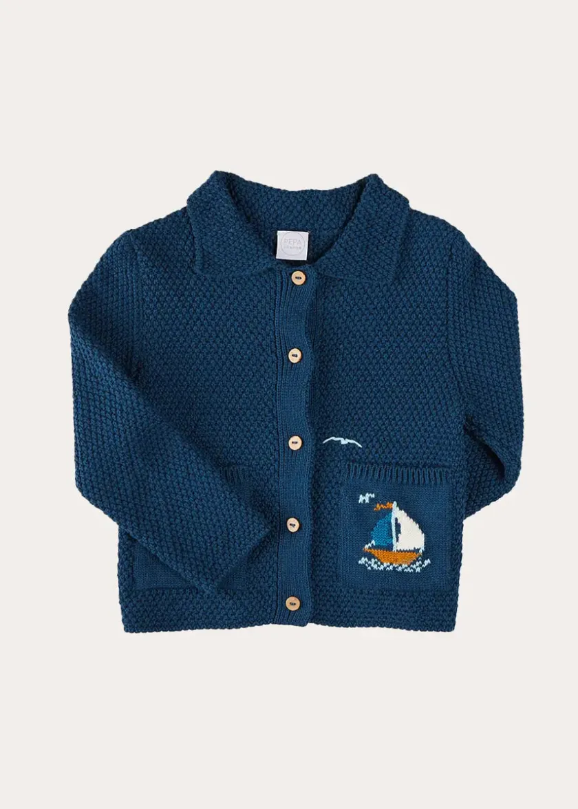 Knitwear & Cardigans | Pepa London Nautical Boat Embroidery Polo Collar Cardigan in Blue (12mths-6yrs)