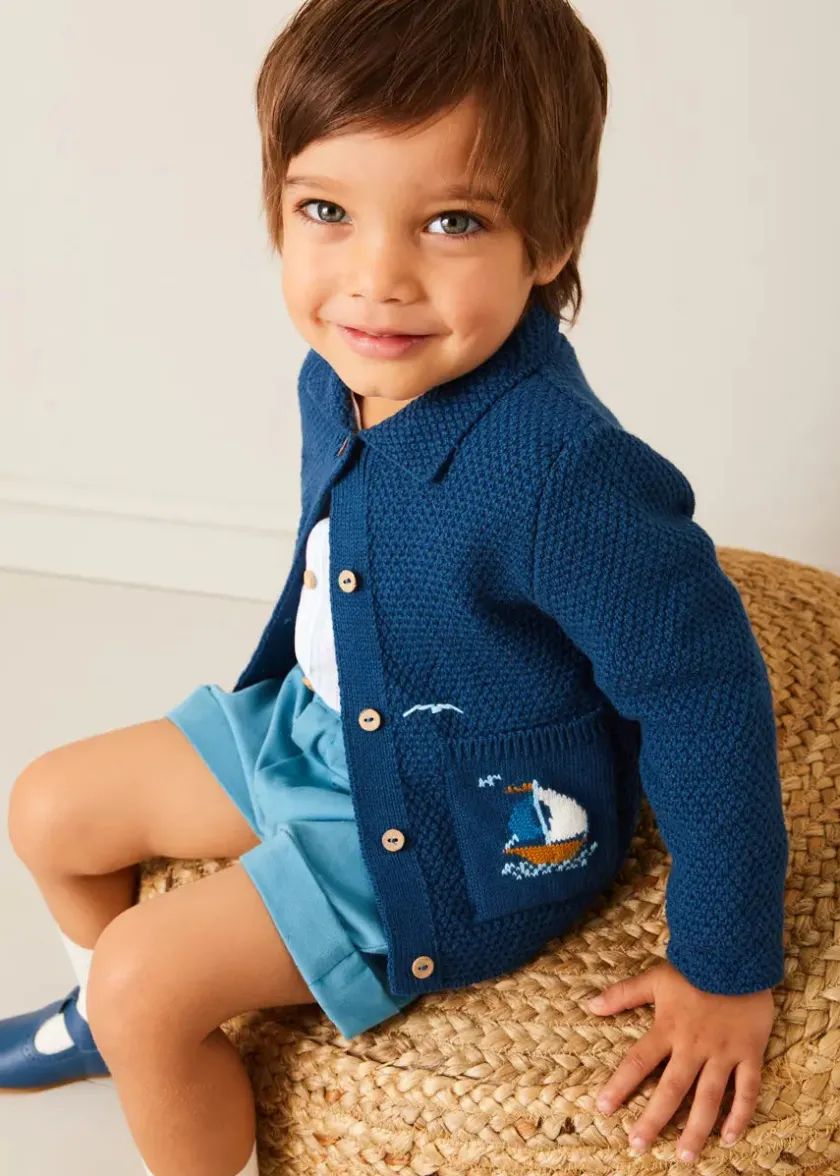 Knitwear & Cardigans | Pepa London Nautical Boat Embroidery Polo Collar Cardigan in Blue (12mths-6yrs)