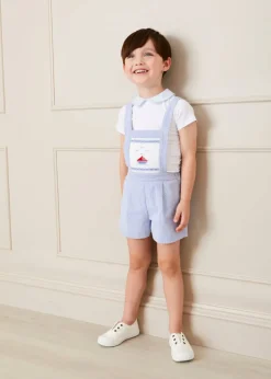 Shorts & Trousers | Dungarees & Rompers | Pepa London Nautical Striped Boat Embroidery Short Dungarees in Blue (18mths-4yrs)