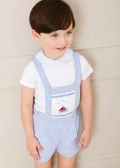 Shorts & Trousers | Dungarees & Rompers | Pepa London Nautical Striped Boat Embroidery Short Dungarees in Blue (18mths-4yrs)
