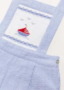 Shorts & Trousers | Dungarees & Rompers | Pepa London Nautical Striped Boat Embroidery Short Dungarees in Blue (18mths-4yrs)
