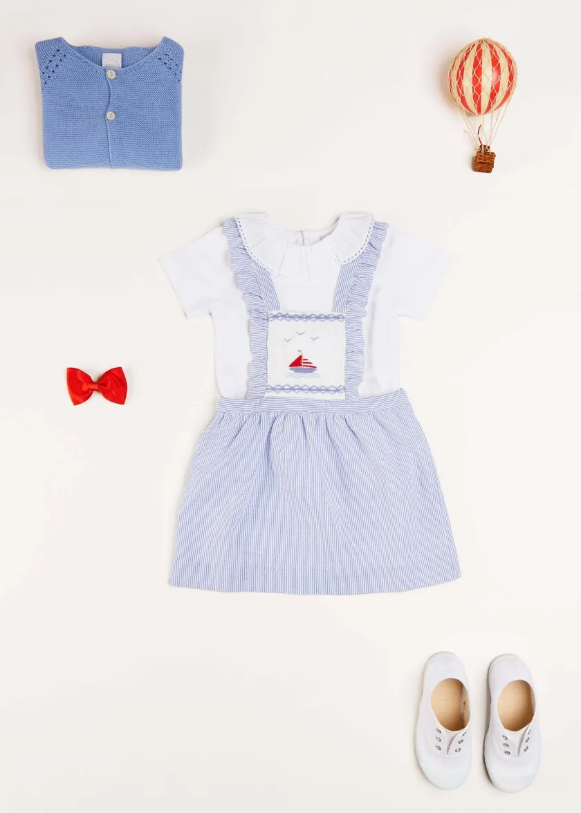 Skirts & Shorts | Dresses | Pepa London Nautical Striped Boat Embroidered Skirt with Braces in Blue (18mths-4yrs)