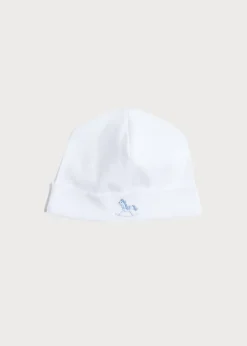 Bonnets & Booties | Gifting | Pepa London Newborn Bonnet with Rocking Horse Embroidery Blue (0-3mths)