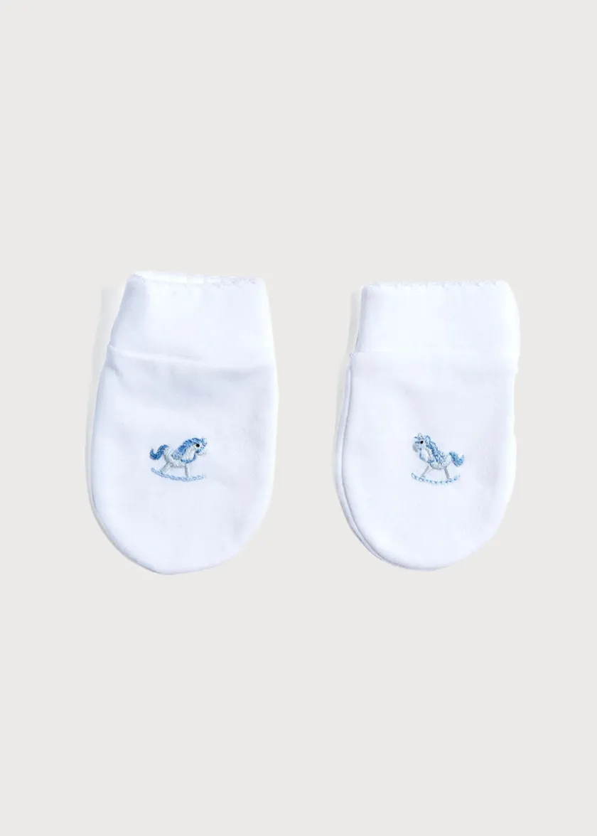 Bonnets, Booties & Mittens | First Outfits | Pepa London Newborn Mittens with Rocking Horse Embroidery Blue (1-3mths)