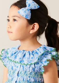 Lookbooks | Pepa London Olivia Floral Smocked Ruffle Collar Sleeveless Dress in Blue (12mths-10yrs) | Floral Openwork Cotton Cardigan in Green (2-10yrs) | Leather Woven Detail Sandals in Beige (24-35EU) | Olivia Floral Medium Bow Hair Clip in Blue