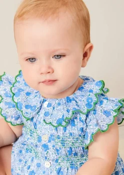 Rompers | Rompers | Pepa London Olivia Floral Smocked Ruffle Collar Sleeveless Romper in Blue (6mths-2yrs)