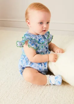 Rompers | Rompers | Pepa London Olivia Floral Smocked Ruffle Collar Sleeveless Romper in Blue (6mths-2yrs)
