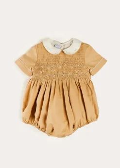 Dungarees & Rompers | Rompers | Pepa London Peter Pan Collar Hand Smocked Short Sleeve Romper in Camel (6mths-2yrs)