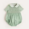 Dungarees & Rompers | Rompers | Pepa London Peter Pan Collar Hand Smocked Short Sleeve Romper in Green (3mths-2yrs)