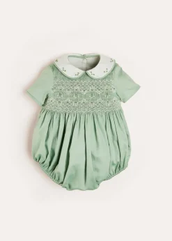 Dungarees & Rompers | Rompers | Pepa London Peter Pan Collar Hand Smocked Short Sleeve Romper in Green (3mths-2yrs)