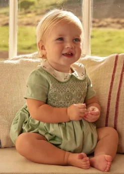 Dungarees & Rompers | Rompers | Pepa London Peter Pan Collar Hand Smocked Short Sleeve Romper in Green (3mths-2yrs)