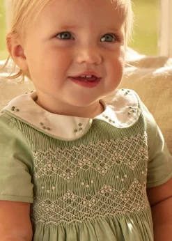 Dungarees & Rompers | Rompers | Pepa London Peter Pan Collar Hand Smocked Short Sleeve Romper in Green (3mths-2yrs)
