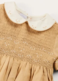Dungarees & Rompers | Rompers | Pepa London Peter Pan Collar Hand Smocked Short Sleeve Romper in Camel (6mths-2yrs)
