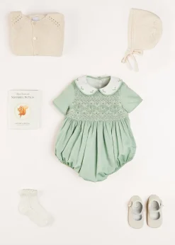 Dungarees & Rompers | Rompers | Pepa London Peter Pan Collar Hand Smocked Short Sleeve Romper in Green (3mths-2yrs)