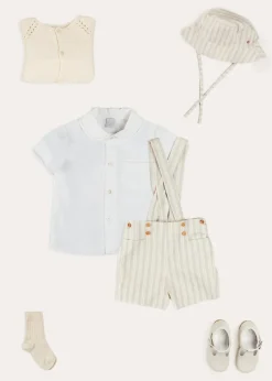 Lookbooks | Pepa London Peter Pan Collar Trim Detail Short Sleeve Shirt in White (12mths-5yrs) | Brompton Striped Shorts With Braces in Beige (12mths-4yrs) | T-Bar Leather Baby Shoes in Ivory (20-24EU) | Brompton Striped Sun Hat in Beige (XS-M) | Ribbed Short Socks in Beige (0mths-10yrs)
