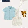 Lookbooks | Pepa London Peter Pan Collar Trim Detail Short Sleeve Shirt in Blue (12mths-5yrs) | Brompton Striped Shorts With Braces in Beige (12mths-4yrs) | Plain Cardigan in Navy (6mths-10yrs) | Woven T-Bar Baby Shoes in Navy (20-26EU) | Brompton Striped Sun Hat in Beige (XS-M) | Ribbed Short Socks - Cream (0mths-10yrs)
